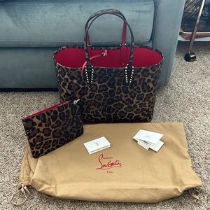 CHRISTIAN LOUBOUTIN, Leopard Print Spiked Large Cabata Tote, with Wristlet.